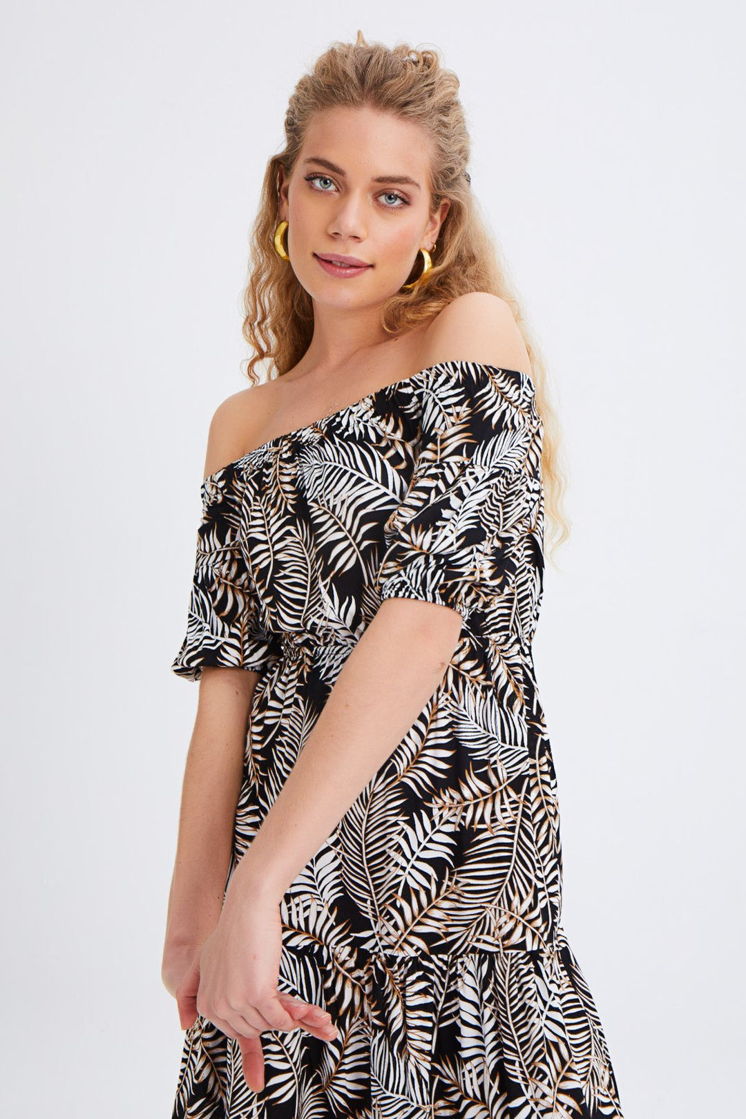 Patterned Off Shoulder Dress Black