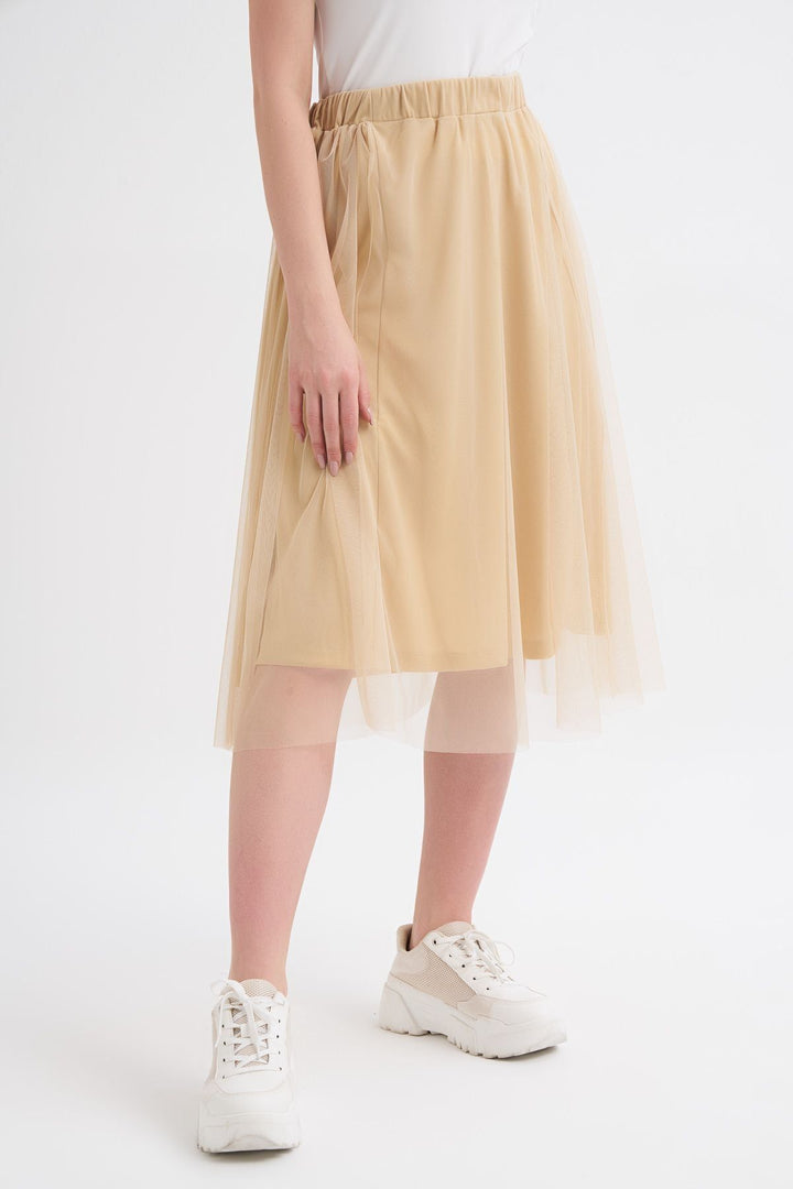 Pleated Tulle Detailed Midi Skirt Beige