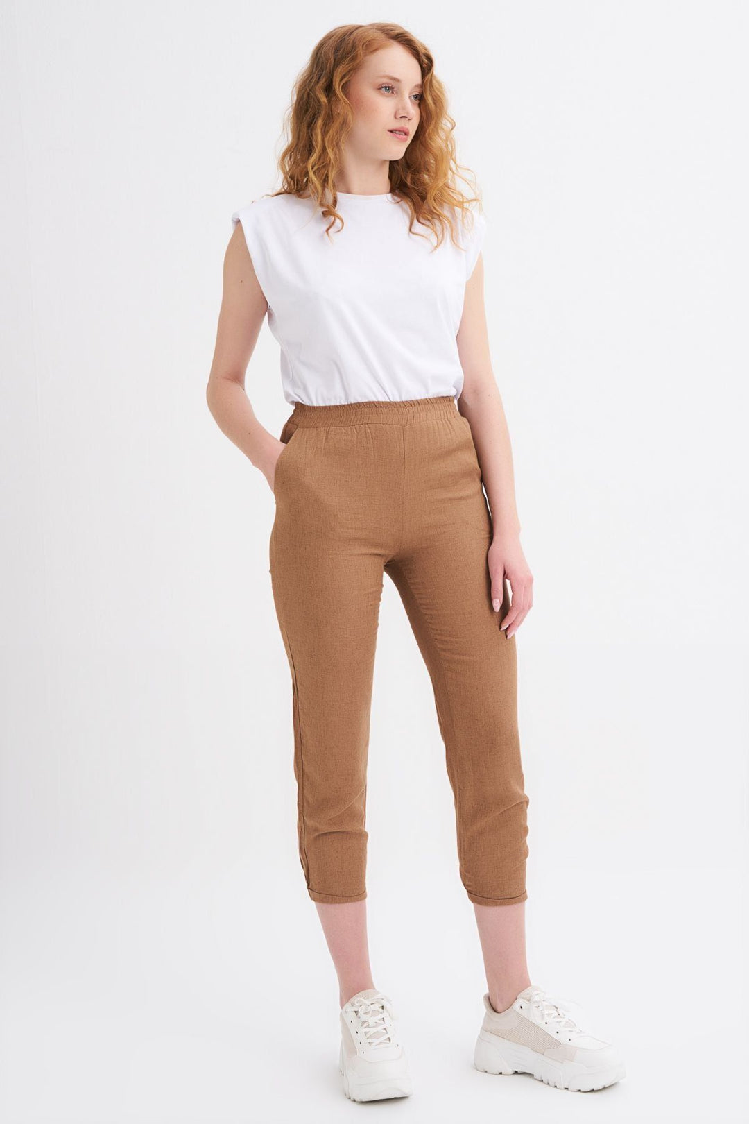 Beli Lastikli Keten Pantolon Kahverengi