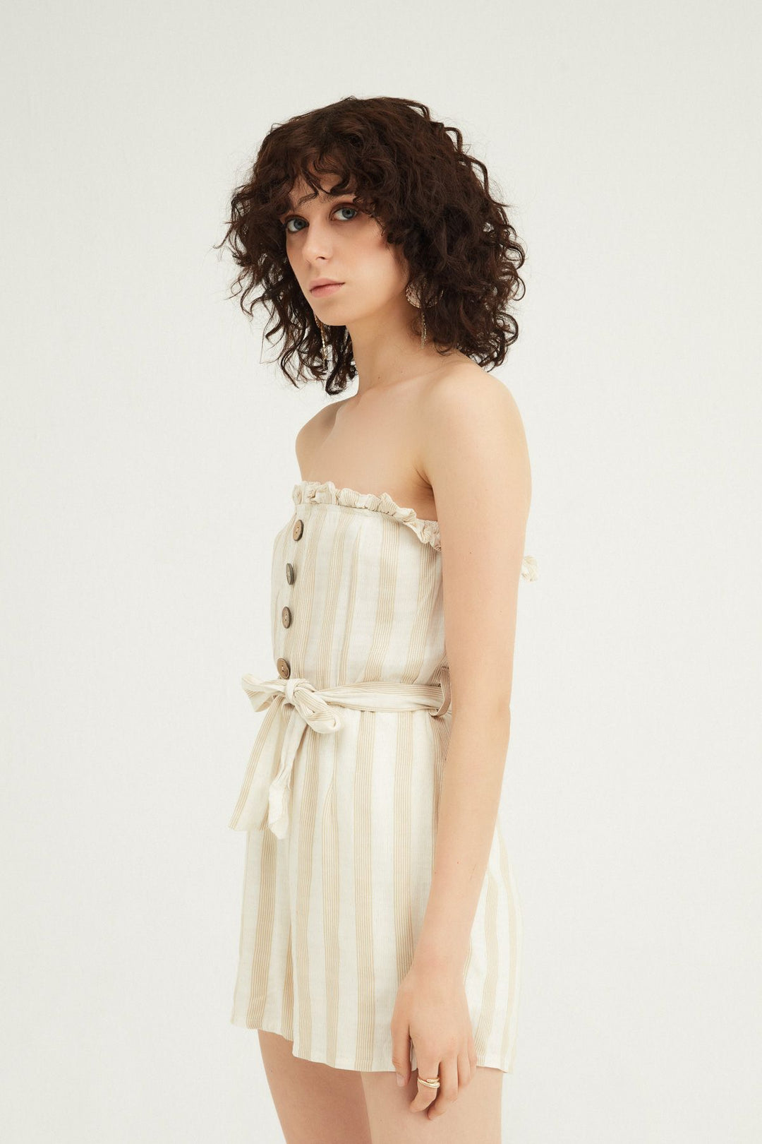 Buttoned Striped Linen Shorts Jumpsuit Beige