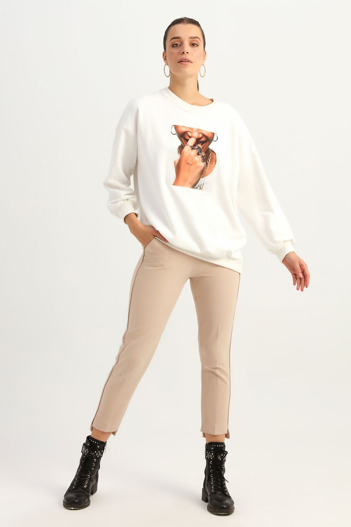 Printed Long Sweatshirt Ecru