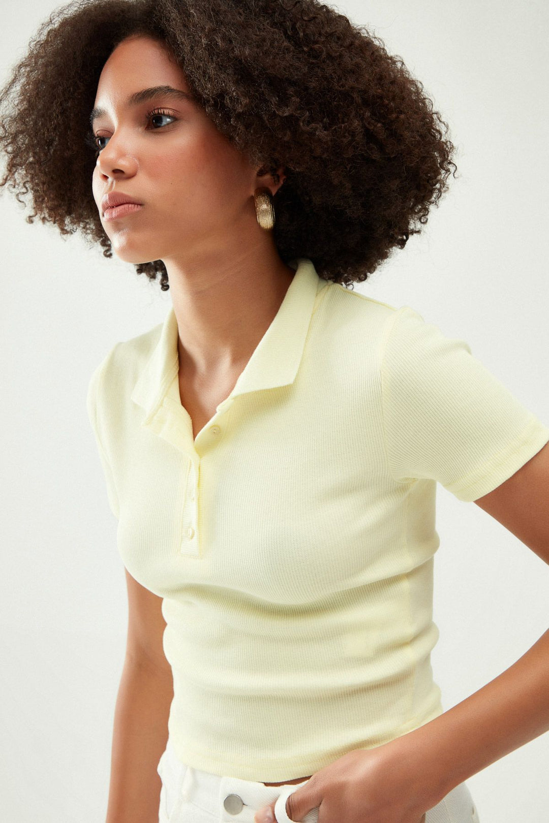 Polo Yaka Crop Bluz Sarı