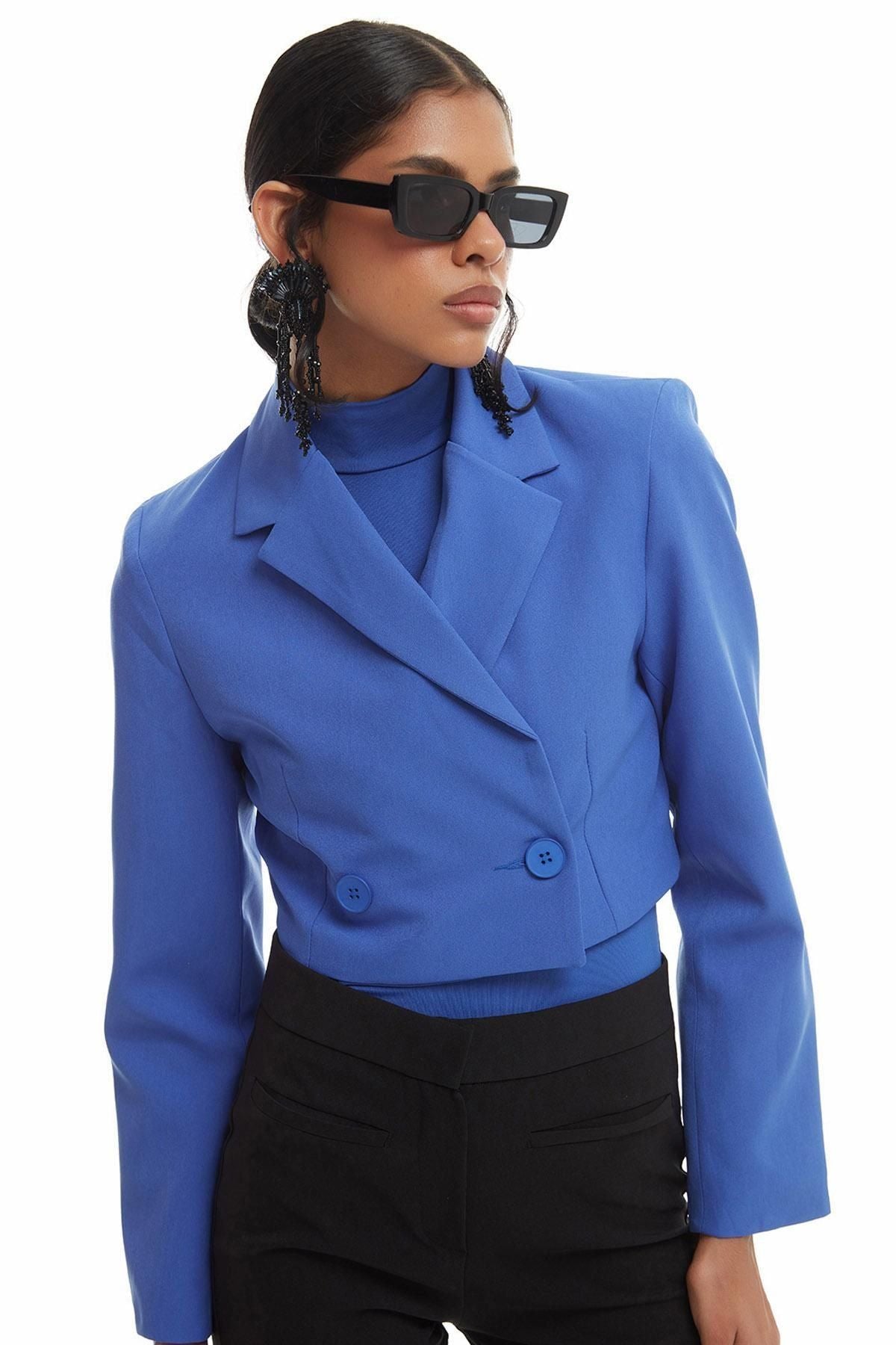 Double Breasted Crop Blazer Jacket Dark Blue