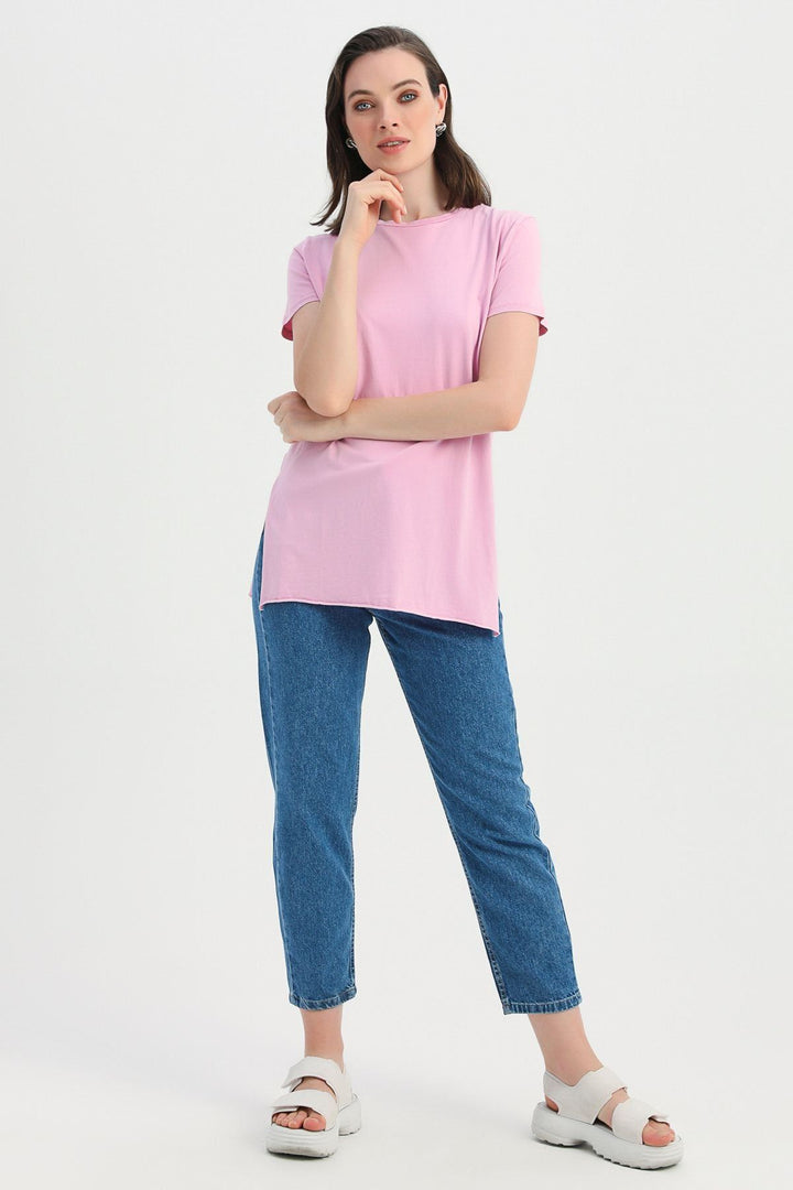 Yanı Yırtmaçlı Bisiklet Yaka Tişört Pembe