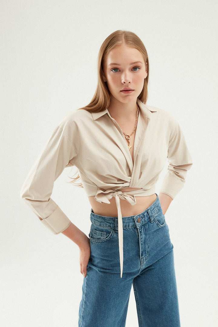Önü Bağlamalı Crop Gömlek Taş