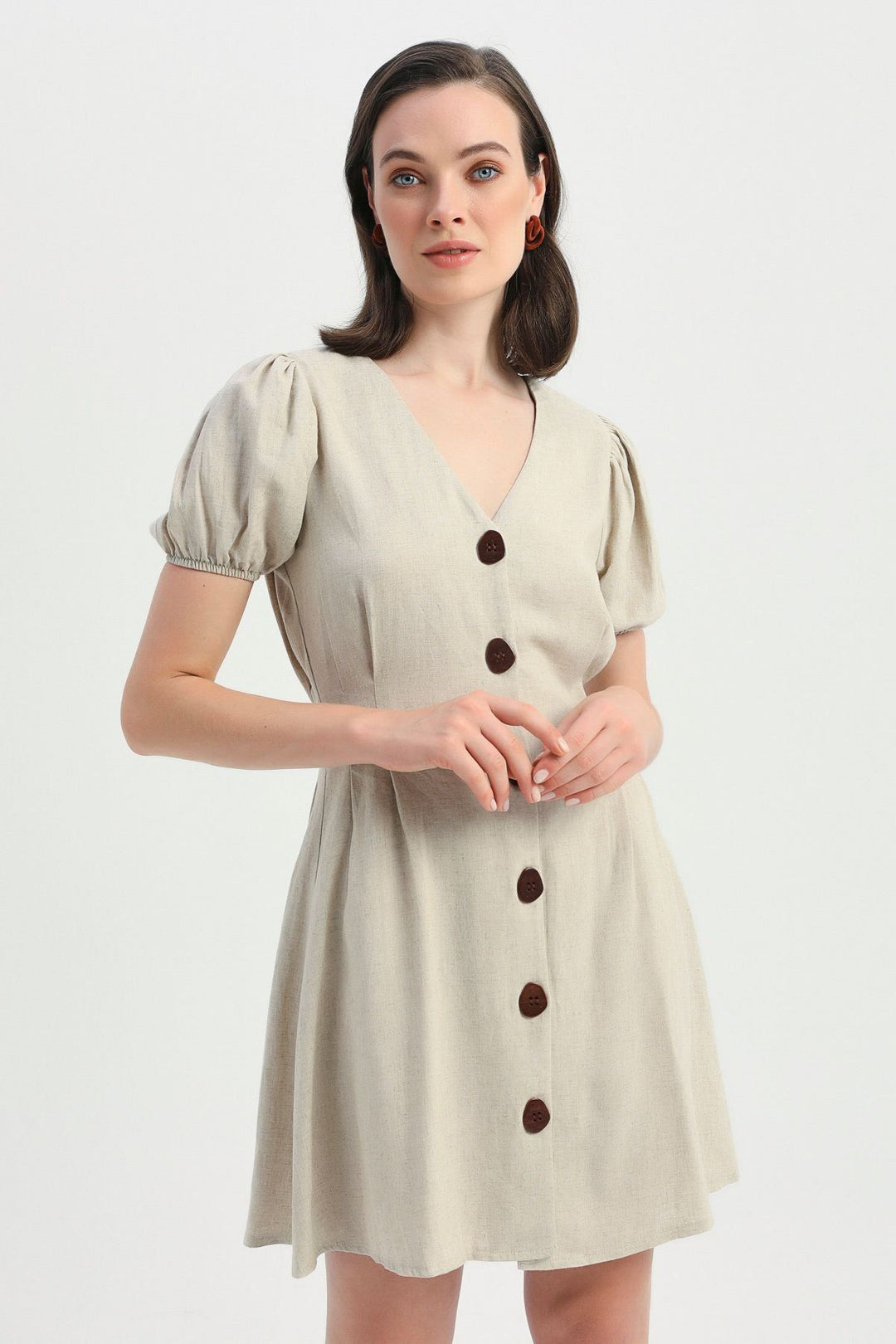 V Neck Balloon Sleeve Linen Dress Natural