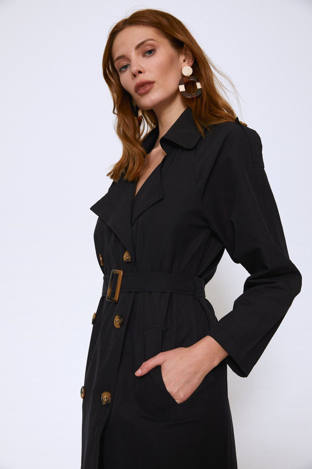 Epaulette Waist Belted Trench Coat Black