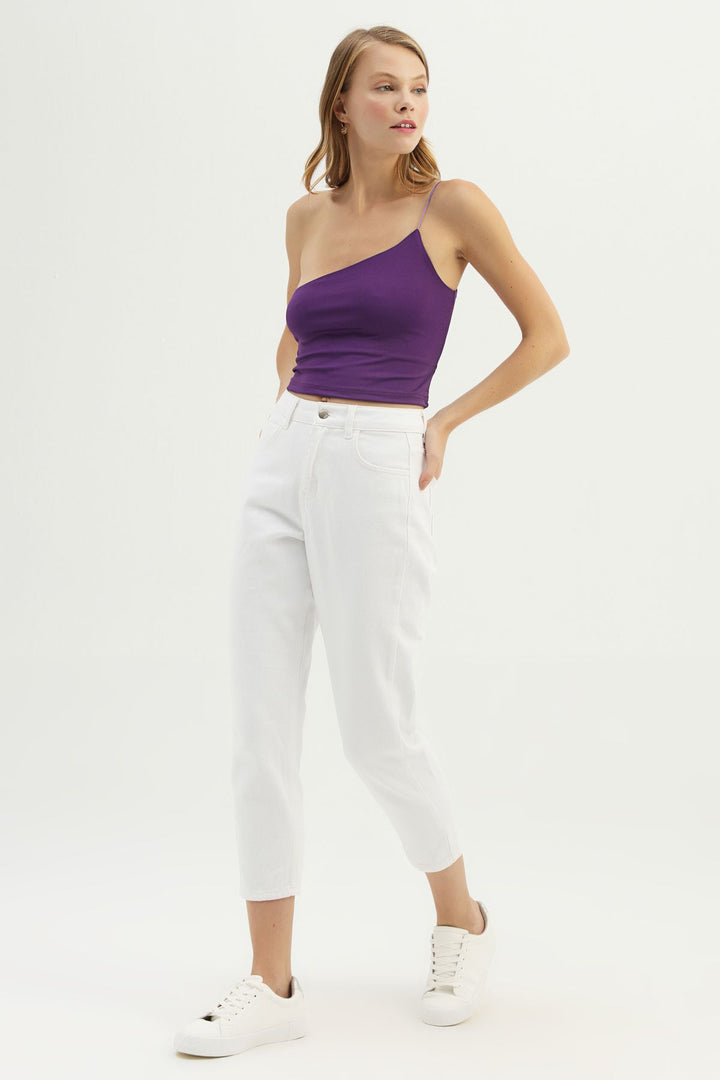 Tek Omuz Askılı Crop Bluz Mor