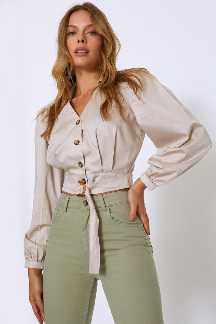 Önü Düğmeli Balon Kol Gömlek Taş