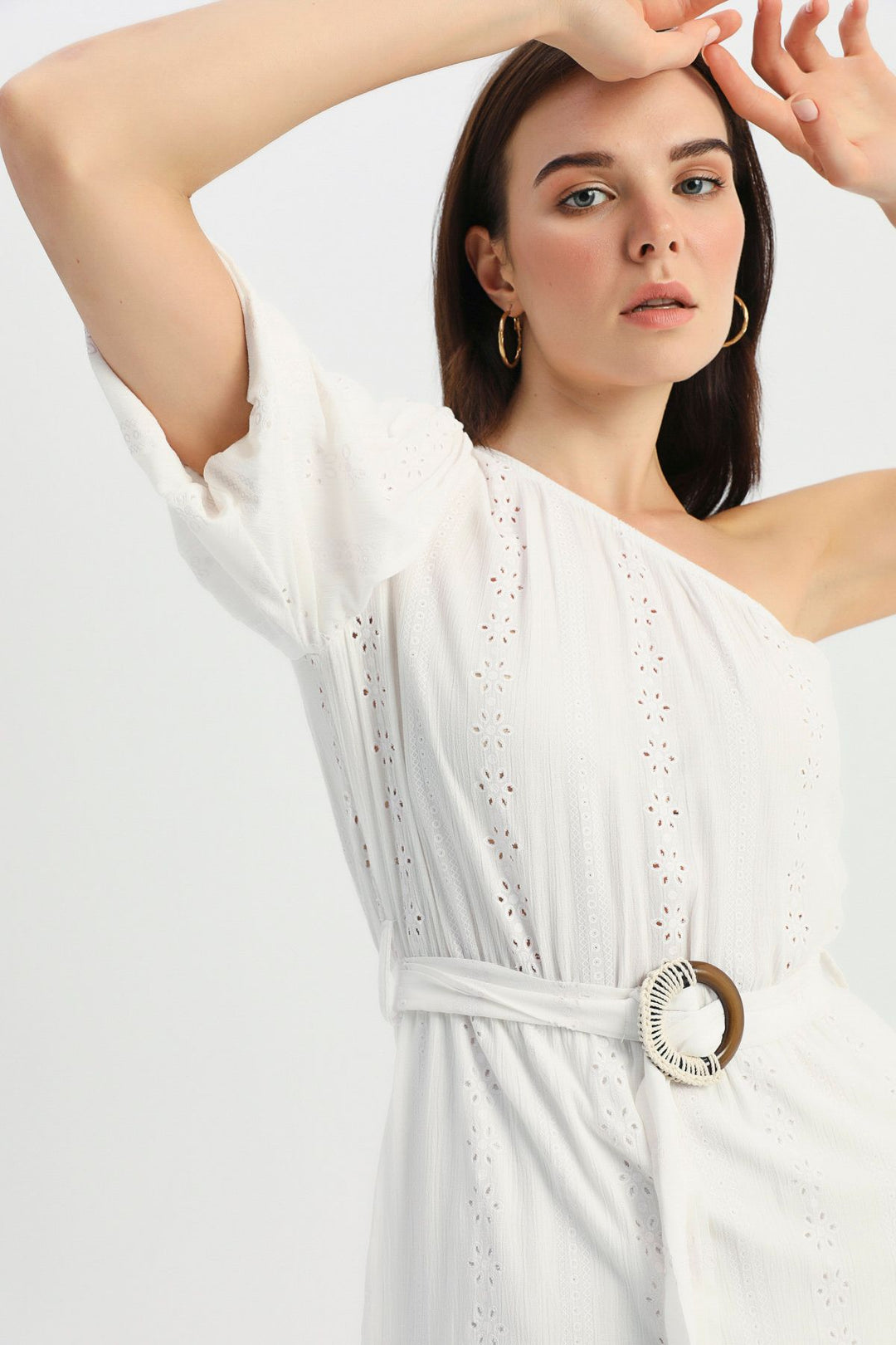 One Shoulder Belt Guipure Dress Ecru