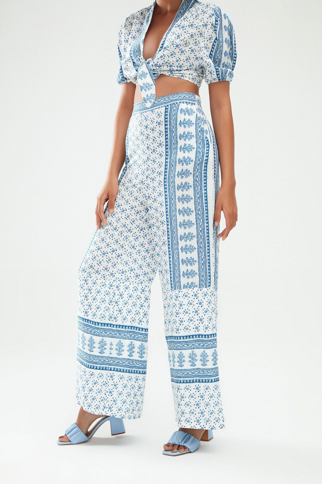Patterned Slit Wide Leg Trousers Blue