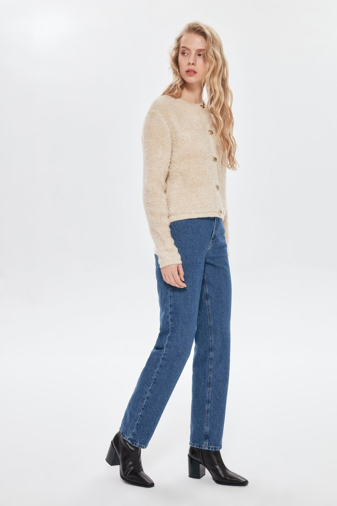 Peluş Gold Düğmeli Hırka Taş