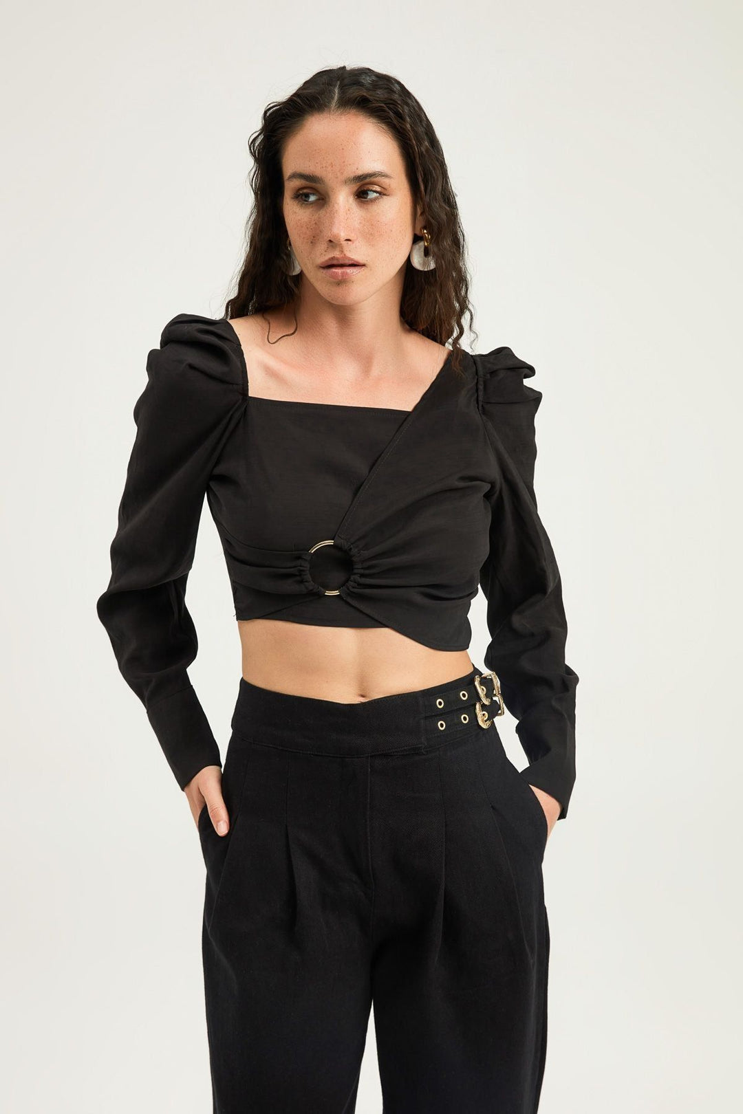 Buckle Detailed Balloon Sleeve Blouse Black