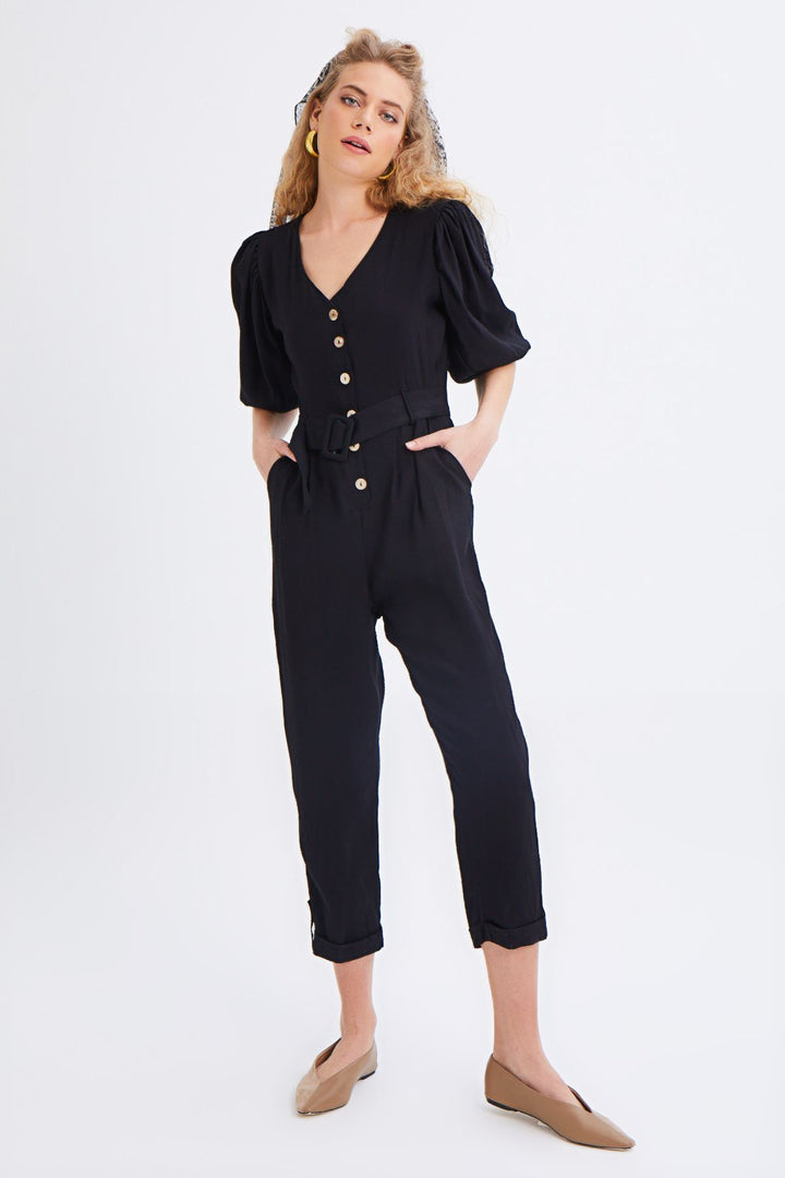 V Yaka Beli Kemerli Tulum Siyah