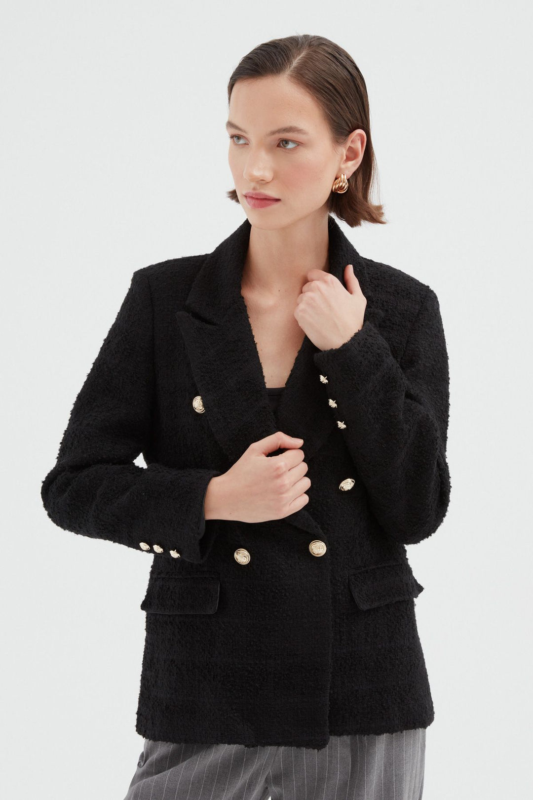 Kruvaze Tüvit Blazer Ceket Siyah