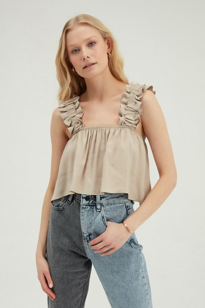 Fırfır Askılı Crop Bluz Bej