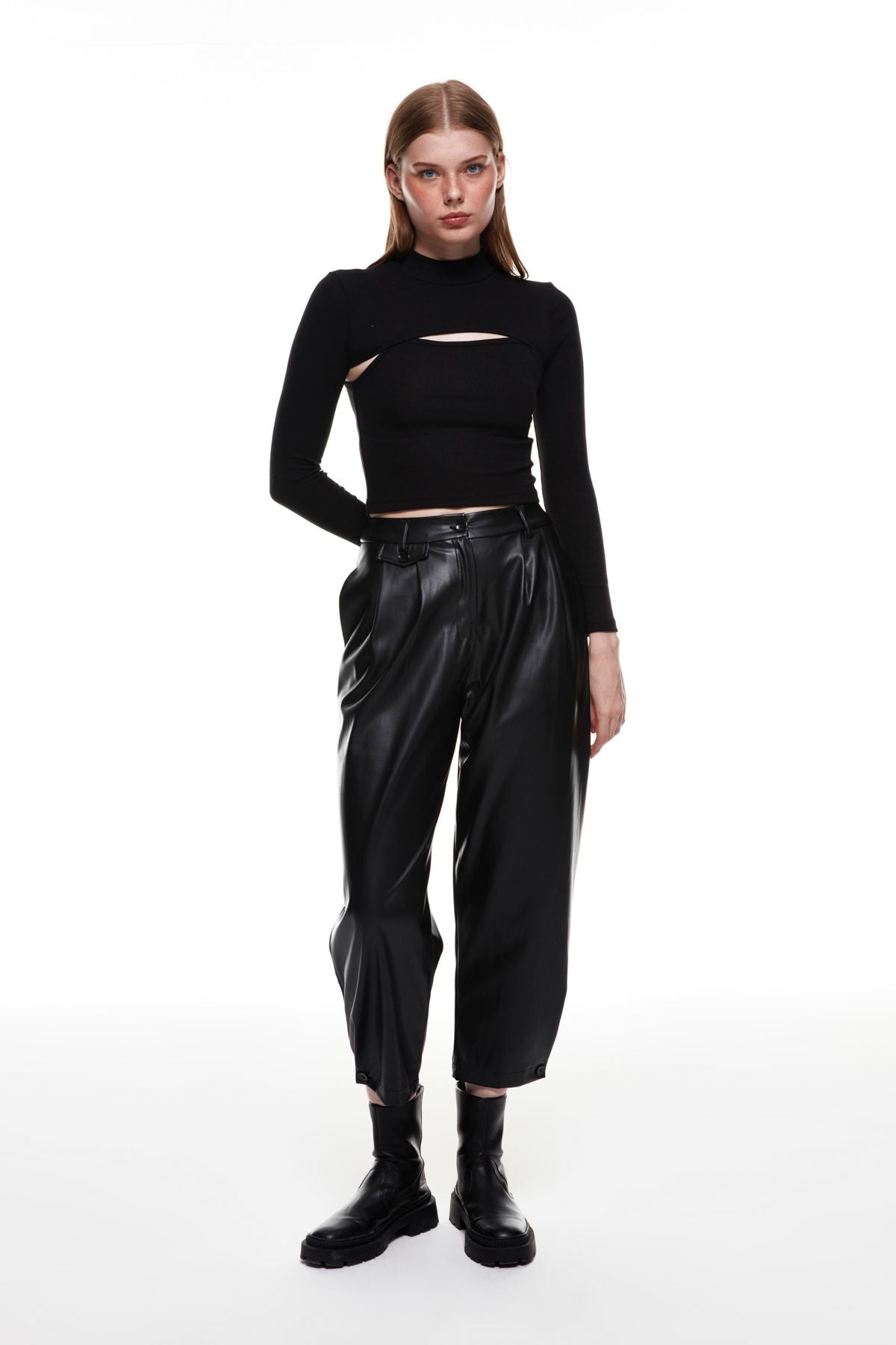 Button Detailed High Waist Leather Trousers Black