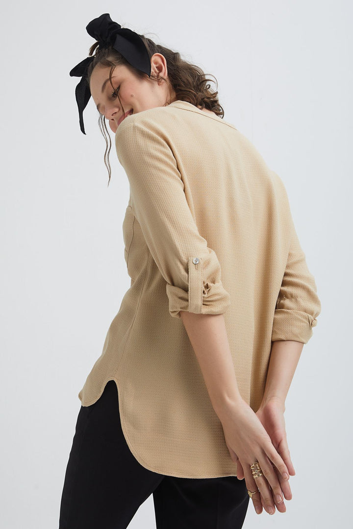 Three Quarter Sleeve Linen Shirt Beige