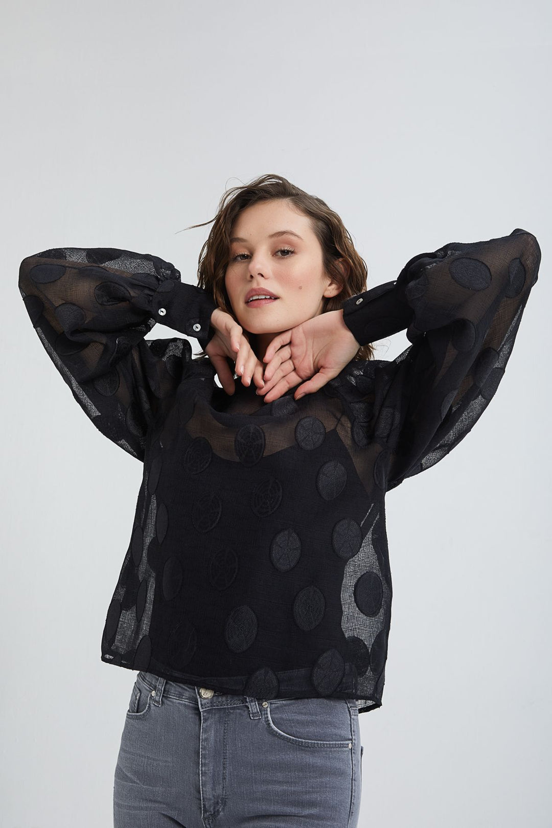 Polka Dot Balloon Sleeve Blouse Black