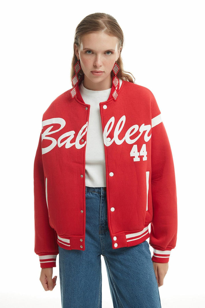 Print Detailed Bomber Jacket Red