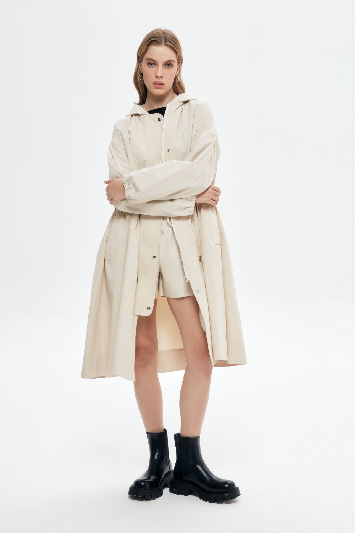 Technical Fabric Hooded Long Trench Coat Beige