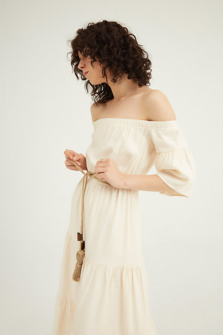 Off Shoulder Ruffle Dress Bone