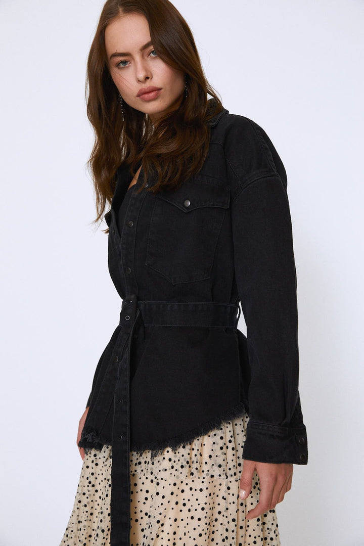 Belted Long Denim Jacket Anthracite