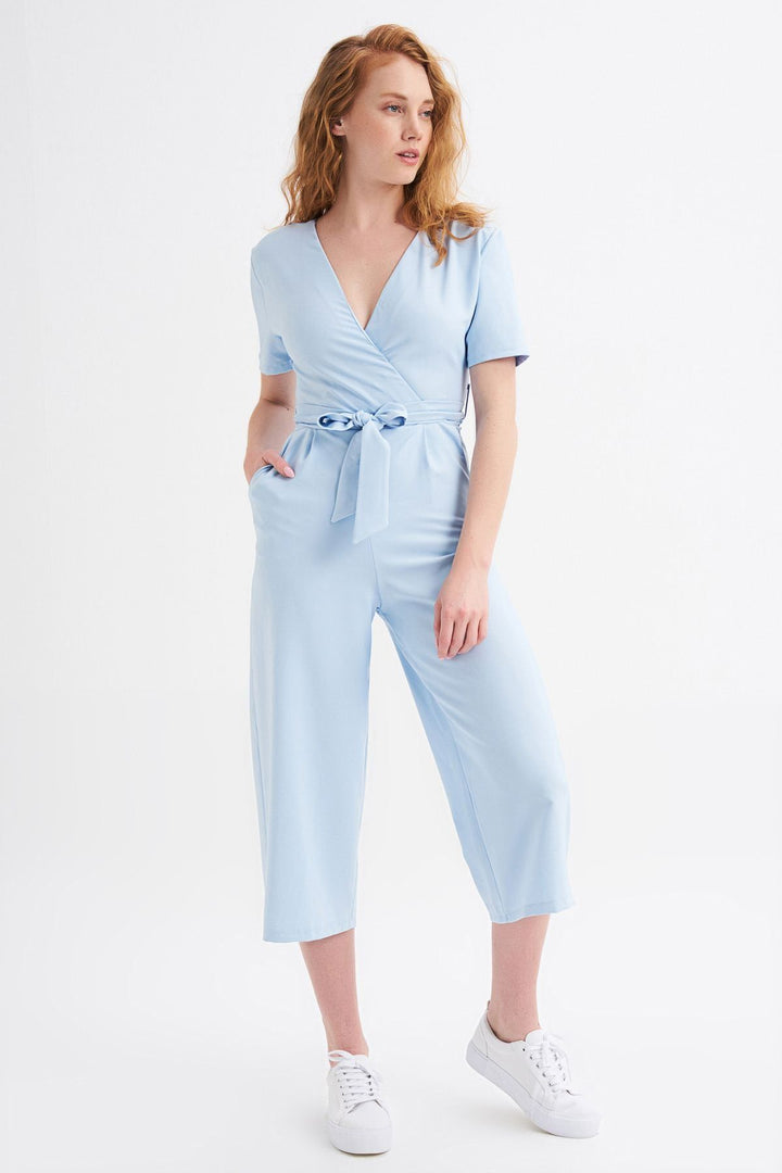 Kruvaze Beli Kuşaklı Tulum Bebe Mavi