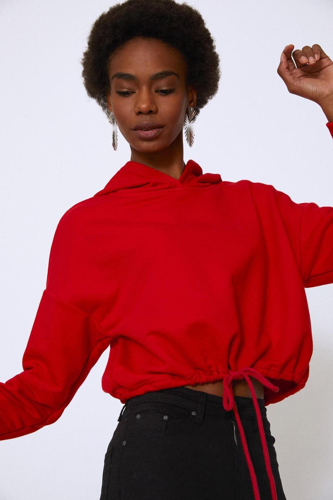 Hooded Tie Waist Sweatshirt Red