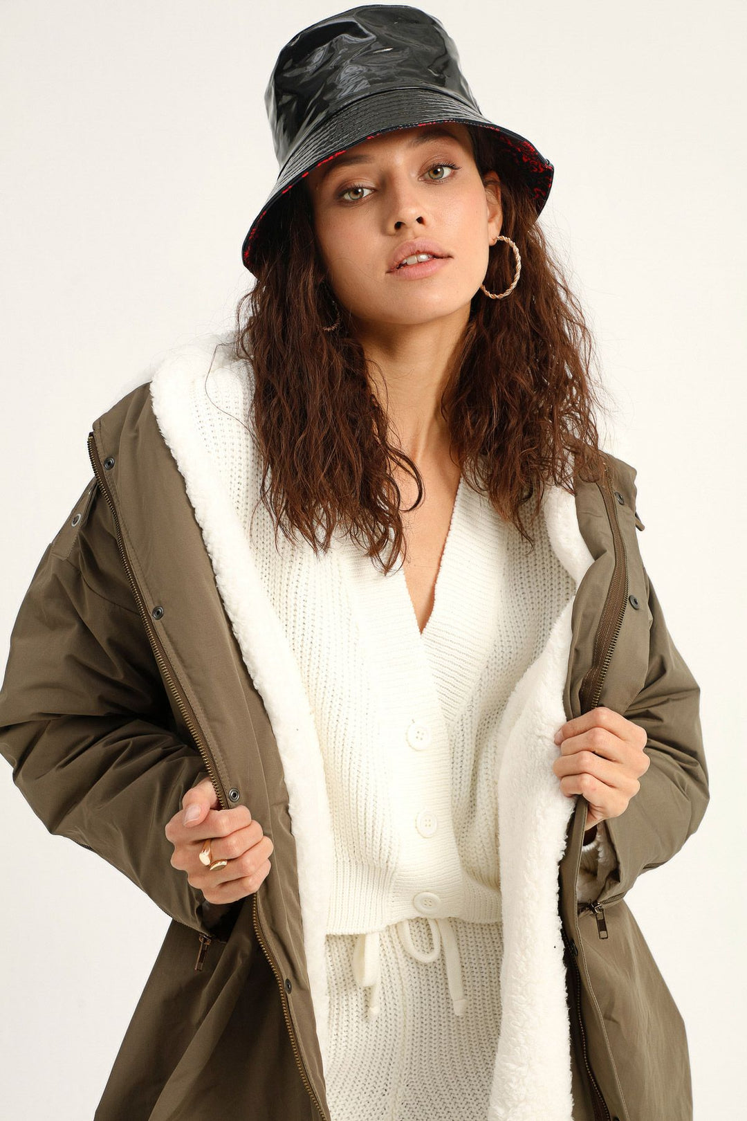 Sheepskin Oversize Long Coat Khaki