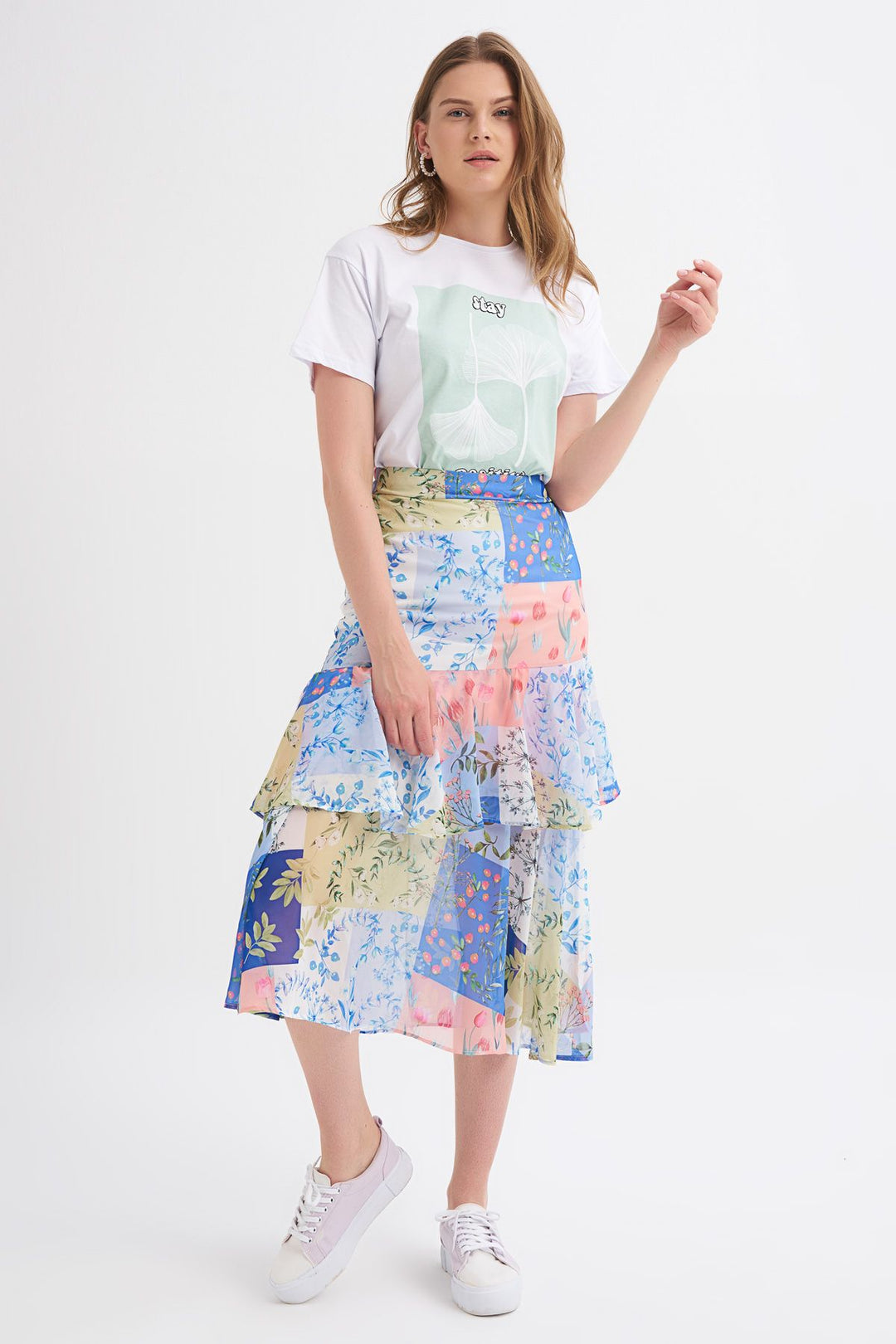 Patterned Ruffle Skirt Indigo