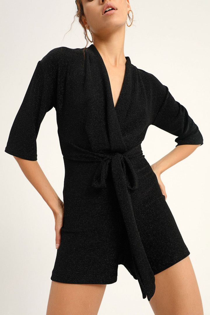 Double Breasted Silvery Mini Jumpsuit Black