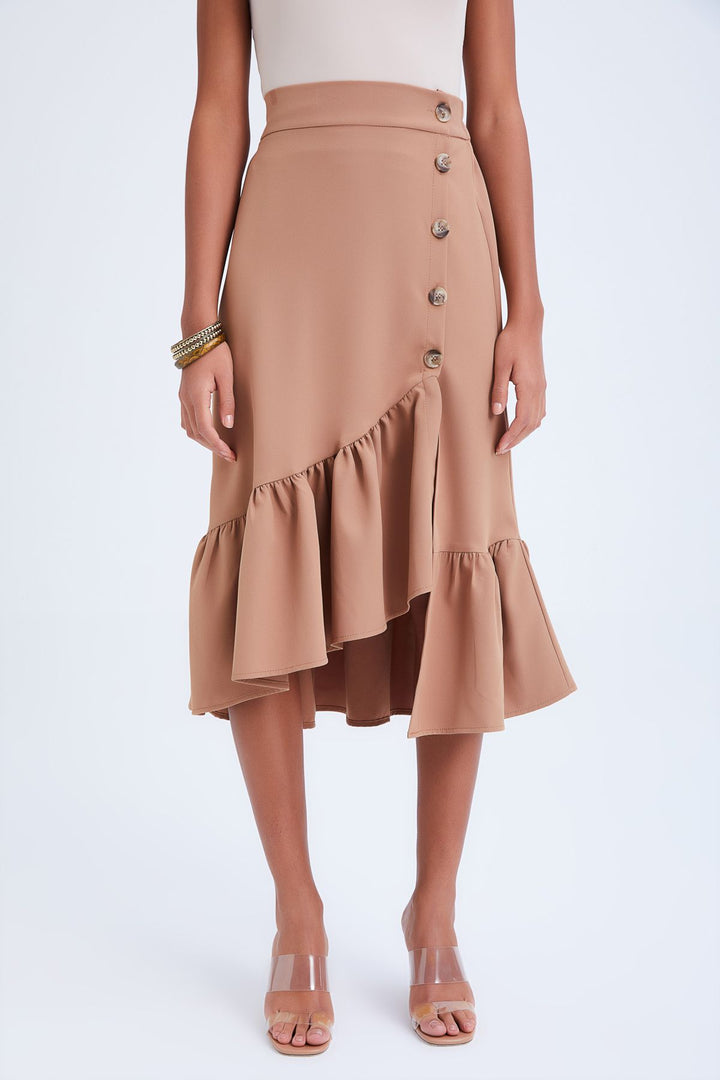 Button Detailed Frilly Skirt Camel