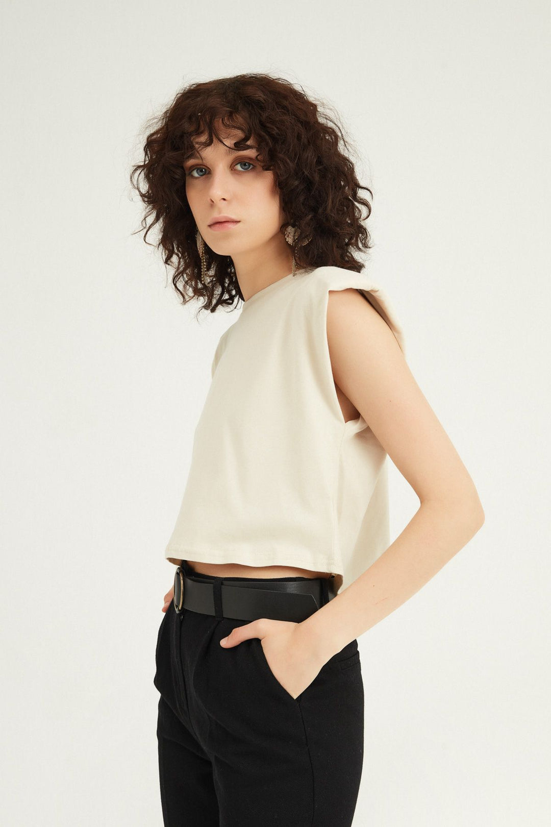 Vatkalı Basic Crop Tişört Bej