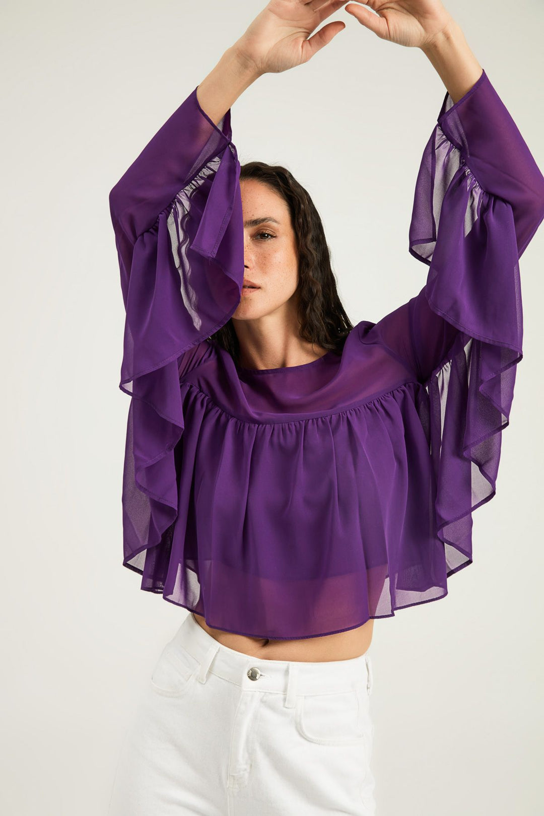 Fırfırlı Bisiklet Yaka Bluz Mor