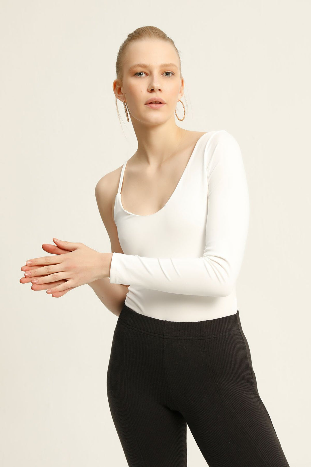 Asimetrik Kol Bodysuit Ekru