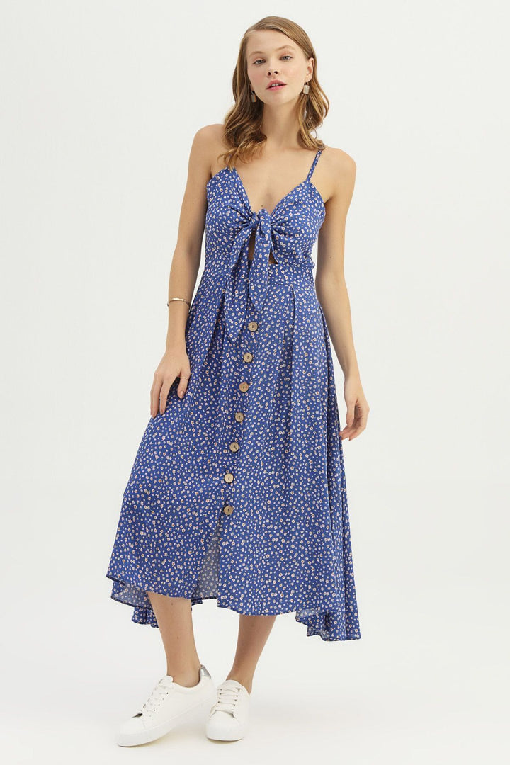 Floral Patterned Front Tied Strap Dress Sax