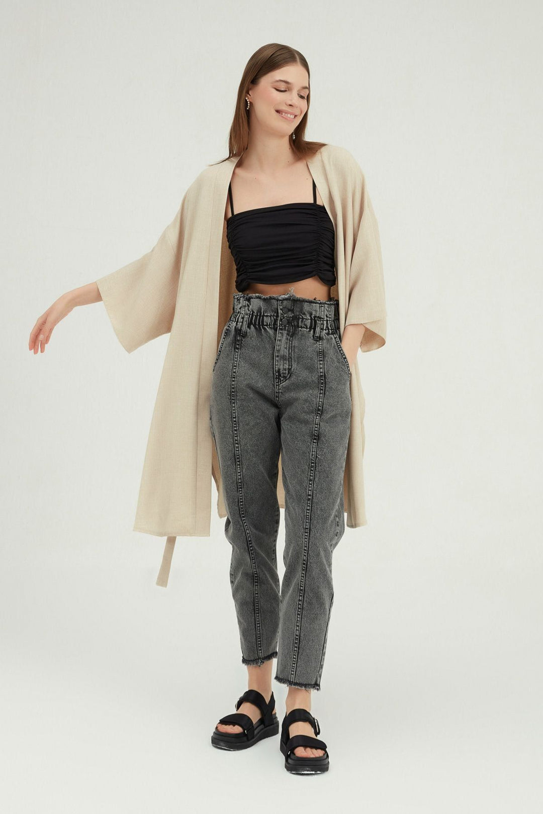 Three Quarter Sleeve Tie Kimono Beige