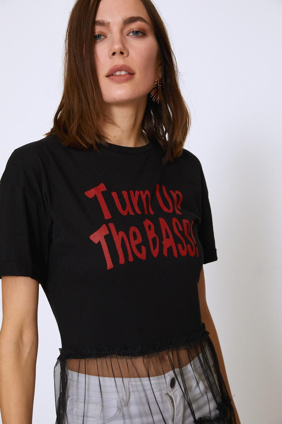 Baskılı Tül Detaylı Tişört Siyah