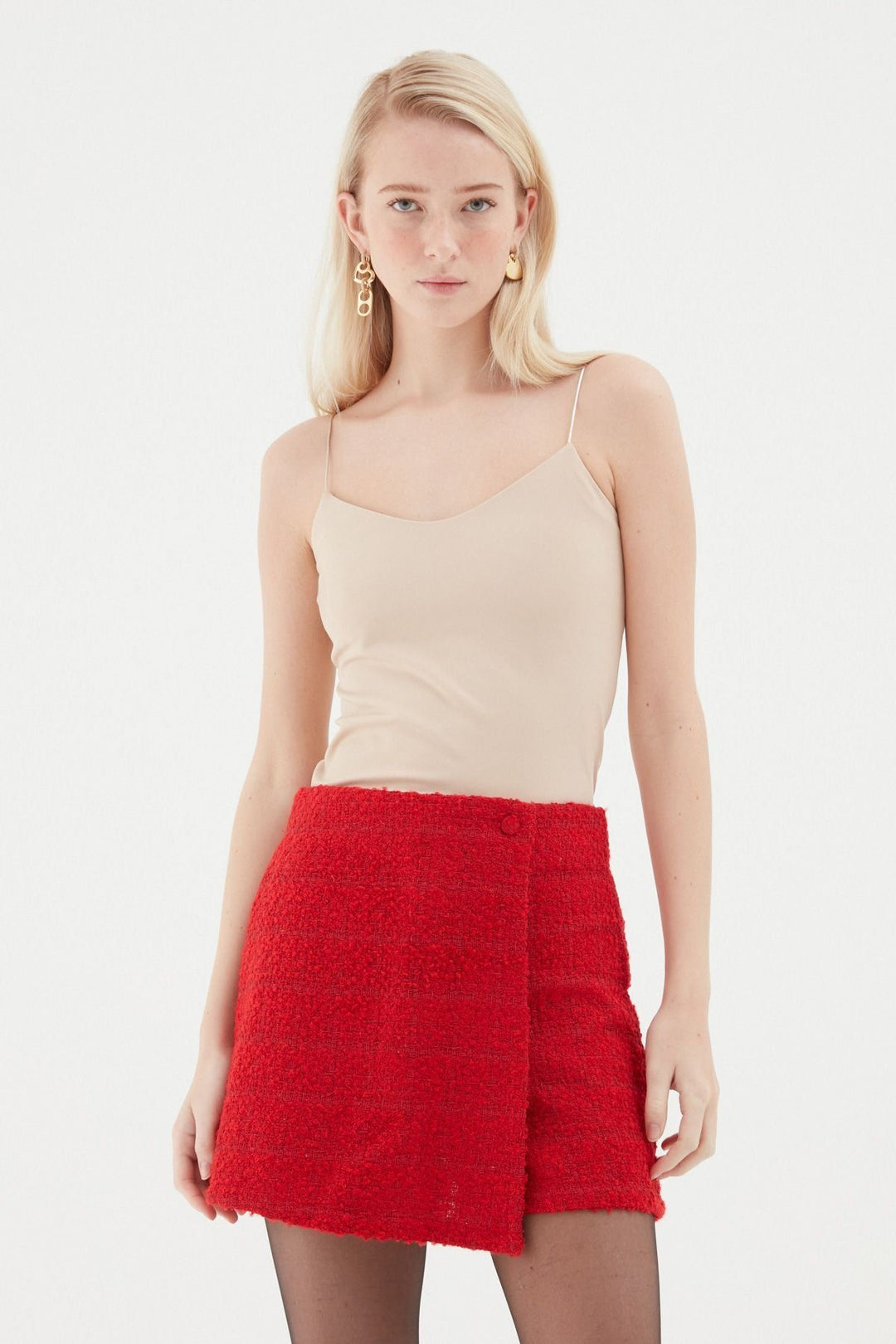 Tweed Patterned Mini Short Skirt Red