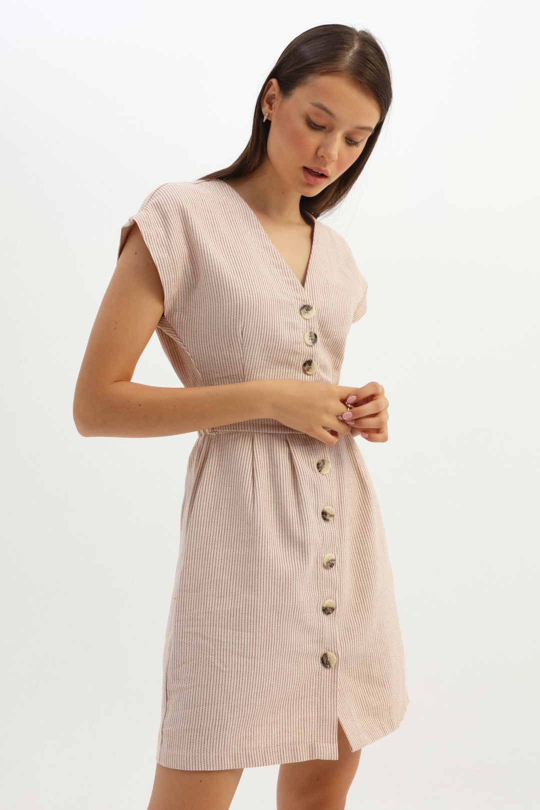 V Neck Buttoned Linen Dress Red