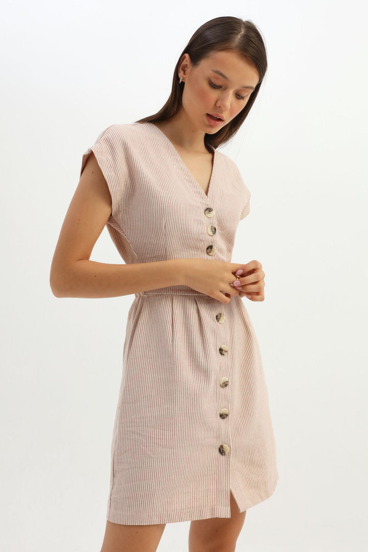 V Neck Buttoned Linen Dress Red