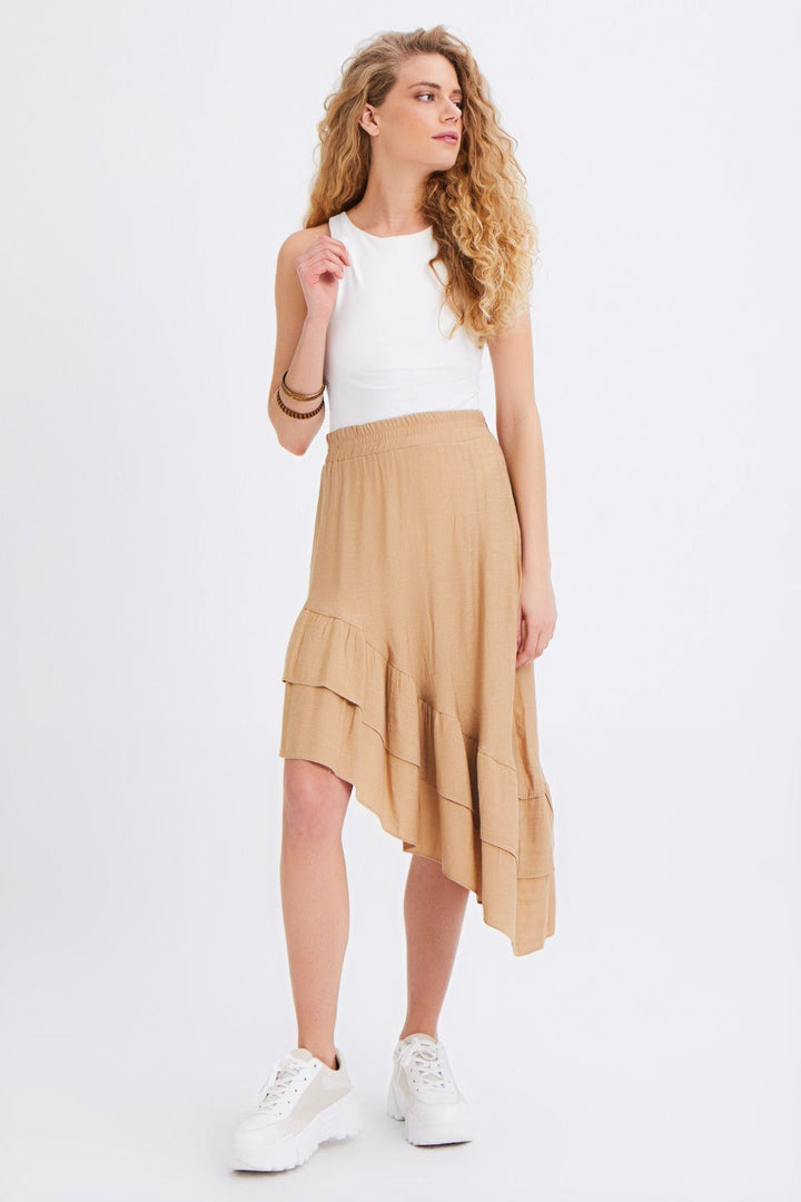 Asymmetric Frilly Skirt Camel