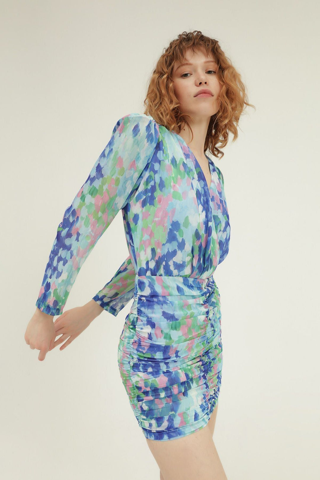 Desenli Kruvaze Mini Elbise Mavi