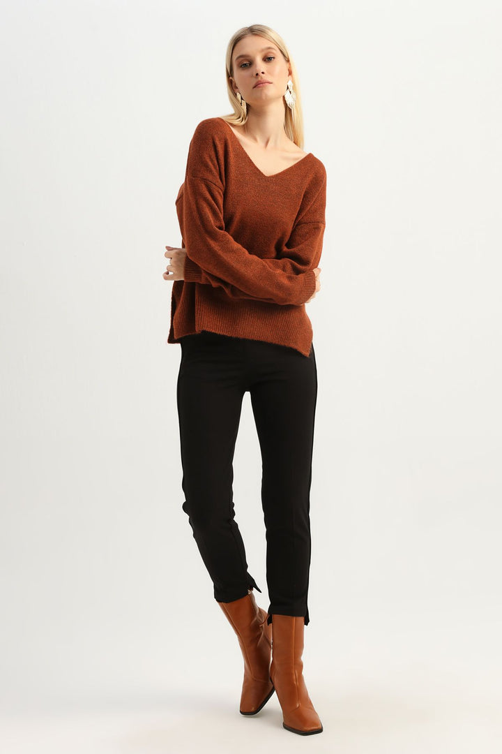 V-Neck Sweater with Side Slits Brown