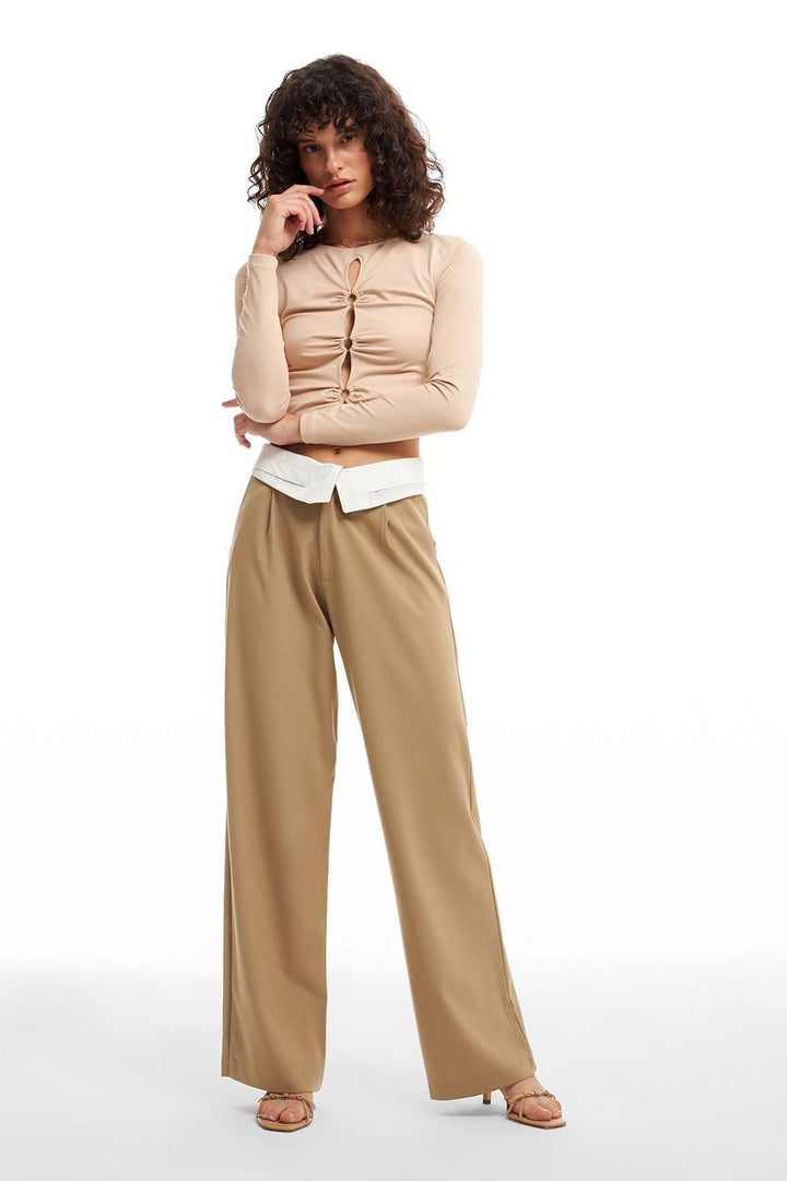 Belt Detailed Fabric Trousers Beige