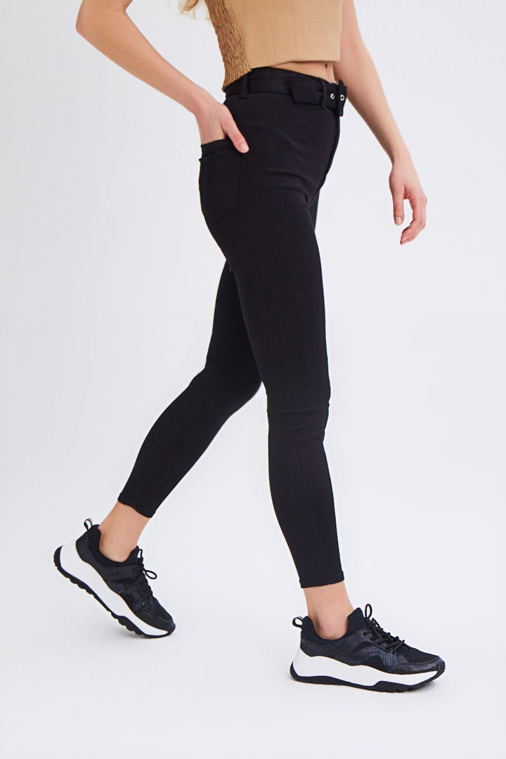 Yüksek Bel Kemerli Skinny Pantolon Siyah