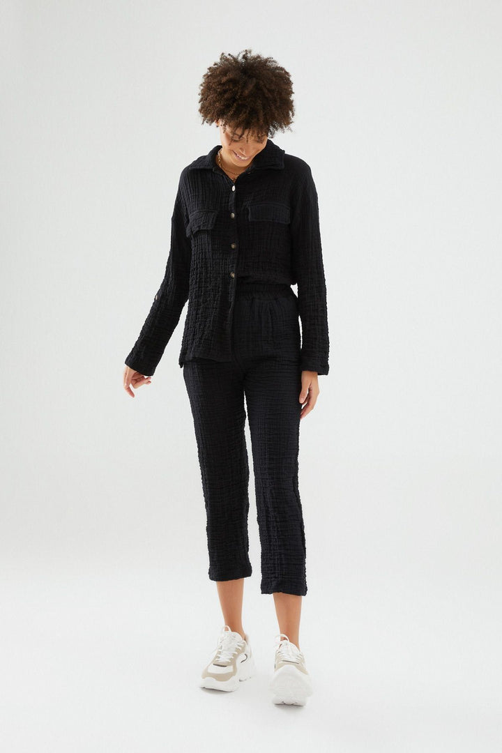 Elastic Waist Textured Trousers Black