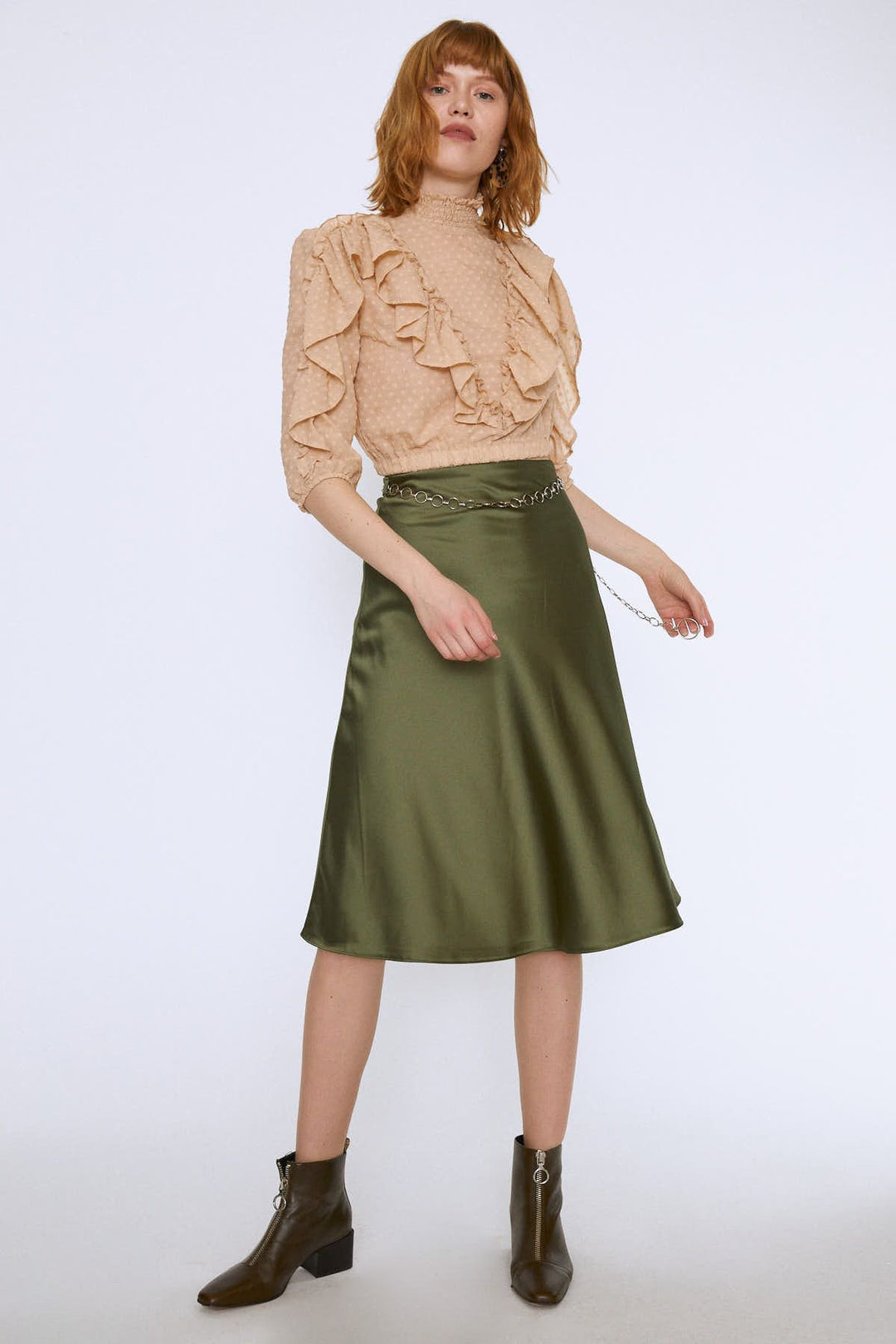 Fırfırlı Beli Lastikli Crop Bluz Bej