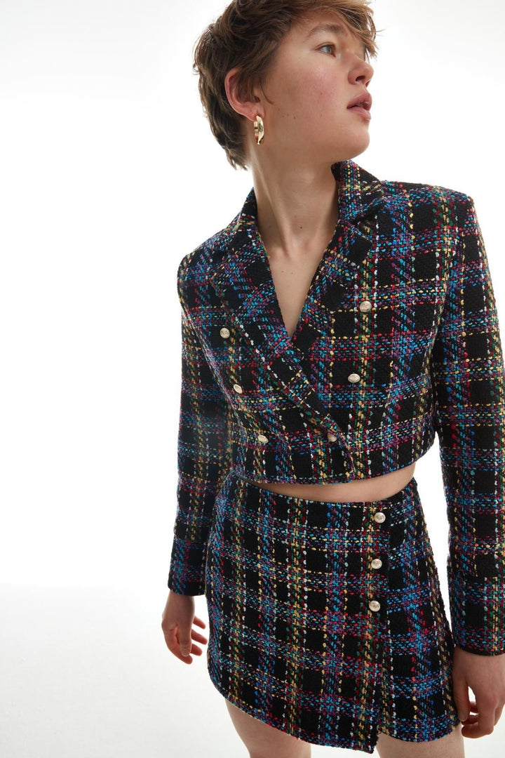 Colorful Tweed Crop Blazer Jacket Black